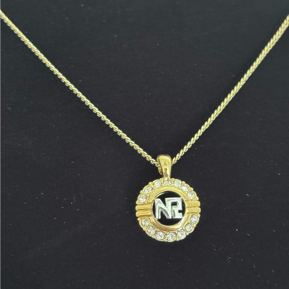 Nina Ricci Gold Silver Two-Tone Crystal Pendant Chain Necklace Luxury Designer
